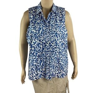 Lands’ End Sleeveless Shirt Blue White Floral Cotton 20W